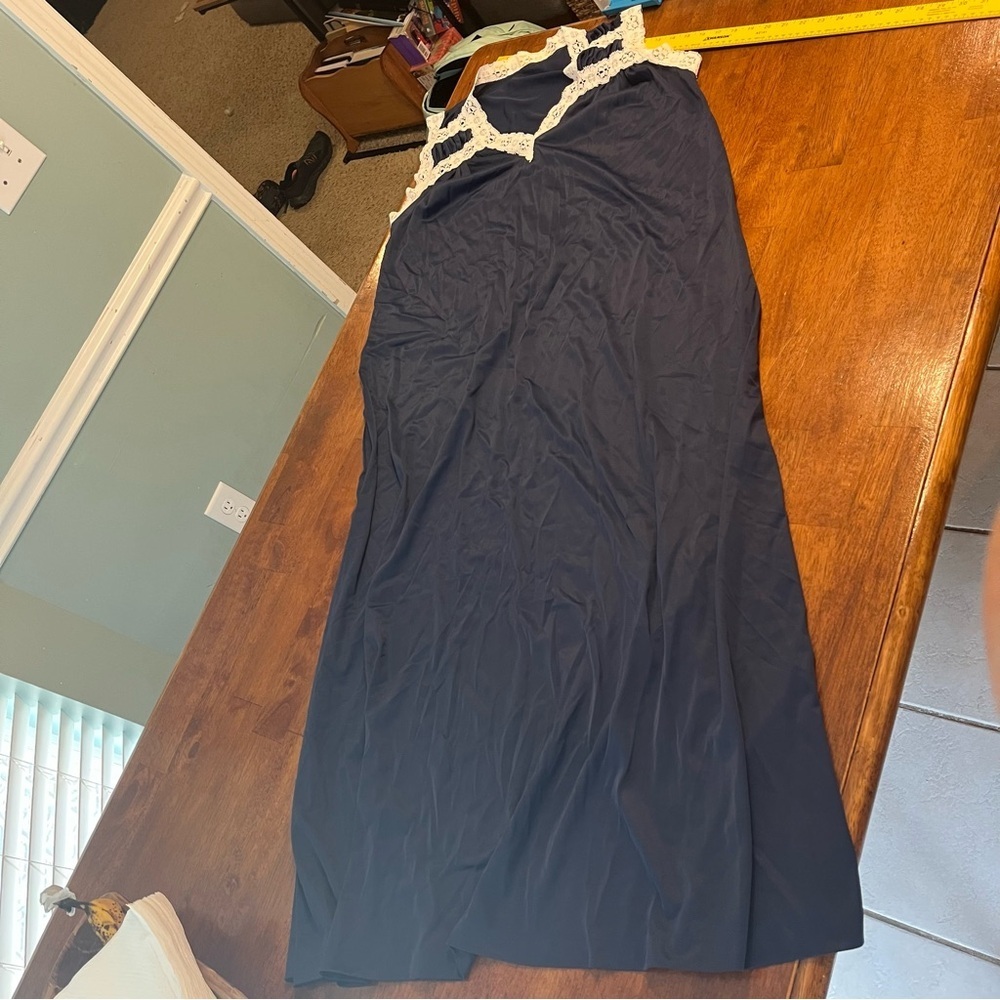 Vintage Navy Blue sleep dress Dress with White Lace Trim measures large
